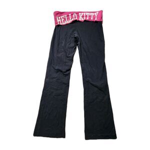Hello Kitty Y2K Low Rise Flare Pants Womens Medium Black Pink Fold Over GUC